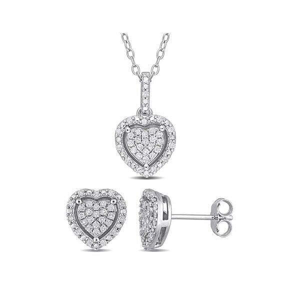 2/5 Carat (ctw) Diamond Cluster Heart Earrings and Pendant Set Sterling Silver